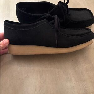 Clarks Black Suede Loafers with Tan Sole